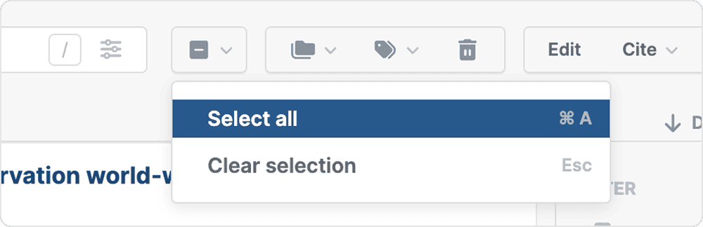 The toolbar’s select menu open on a highlighted “Select all” with its ⌘A shortcut, above “Clear selection” with Esc.